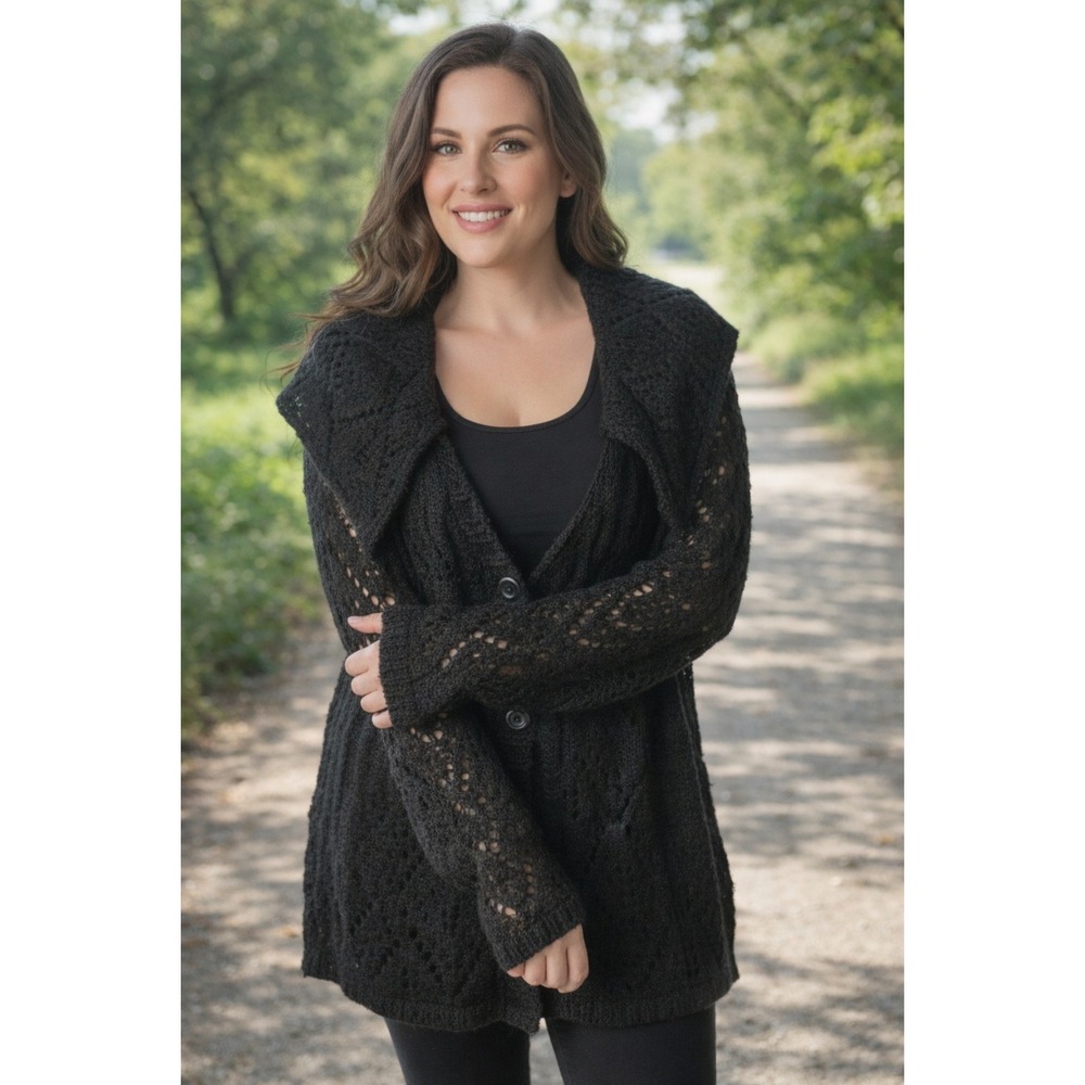 Whimsigoth Cottagecore Black Open‎ Knit Crochet Cardigan Goblin Fairy Witchy  XL